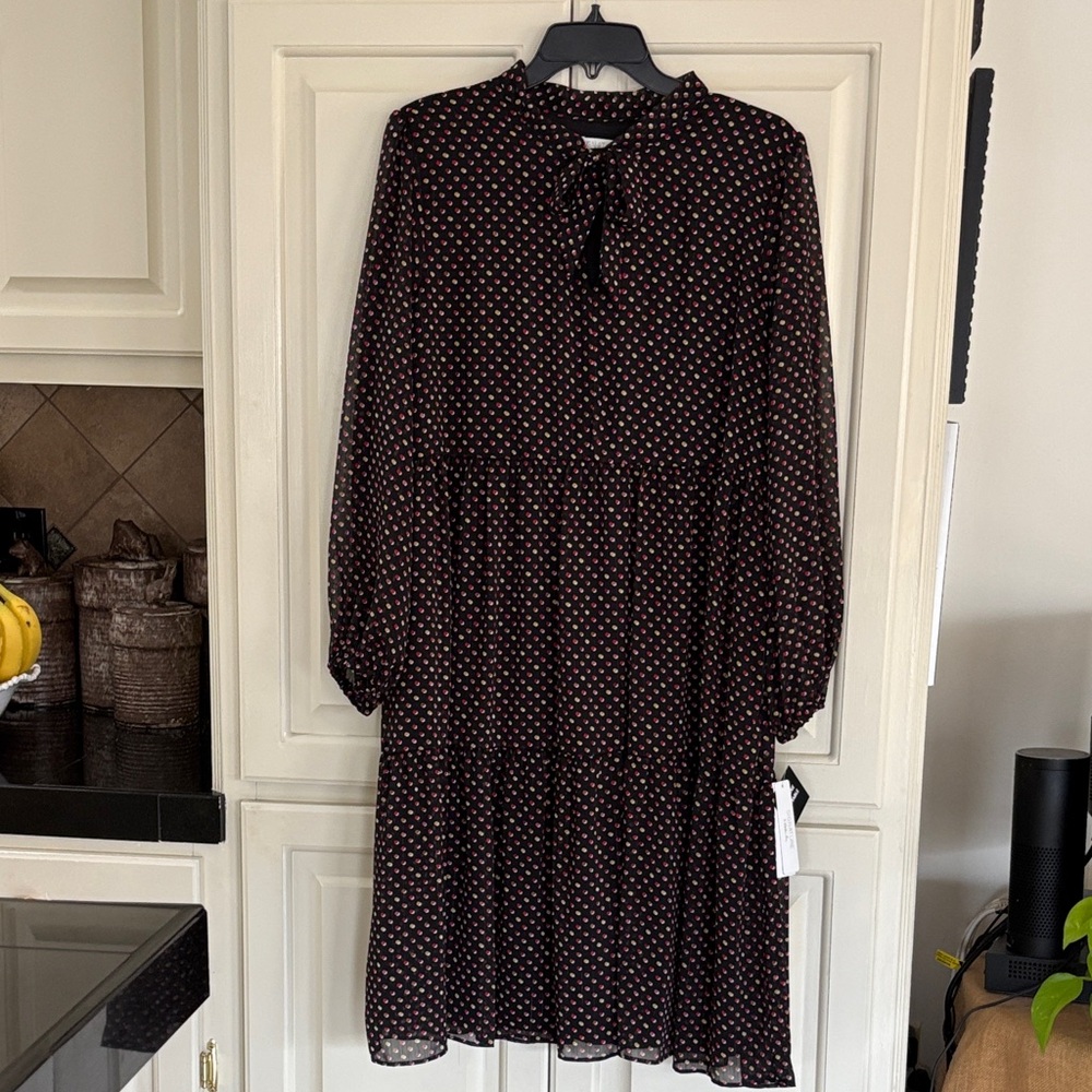 Elegant Black and White, Red and Gold Polka Dot Long Sleeve Dress